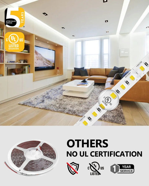 Living room with Ultra Bright 25 Ft 24V LED Strip Lights Cool White 5000K Ra 95 Plus IP30 UL Listed 900 LEDs shown on ceiling