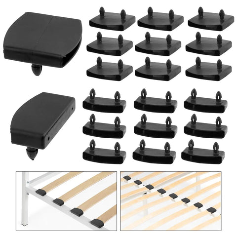 20 Piece Set Of Heavy Duty Plastic Replacement Bed Slat Caps 54X10Mm Durable Pp Retainer Clips arranged for easy installation on slat frame.