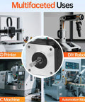 Silver Nema 17 stepper motor with exposed shaft; shown in a collage for 3D printers, CNC machines, and DIY robots