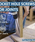 Using a drill to insert a pocket hole screw into wood for joints, shown on bench. Text highlights joint types and pilot hole.