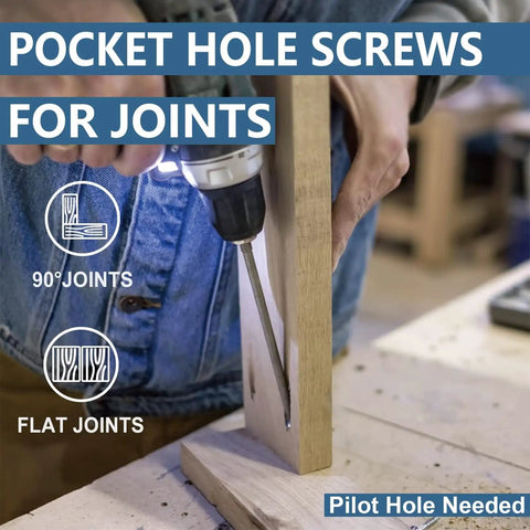 Using a drill to insert a pocket hole screw into wood for joints, shown on bench. Text highlights joint types and pilot hole.
