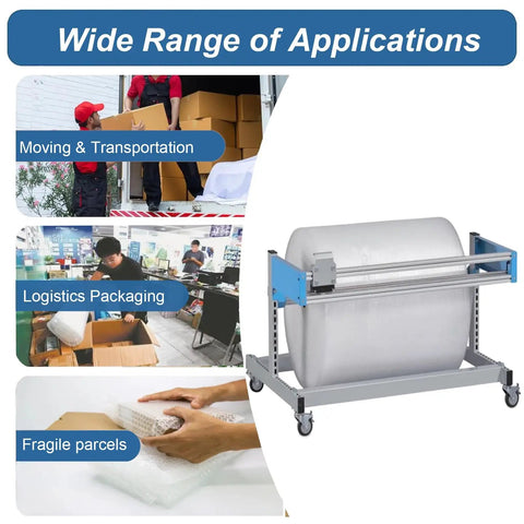 Heavy Duty Wrapping Paper Dispenser With Snap Cut Blade And Hella Sturdy Packing Station For Bubble Wrap Roll Support, shown in packaging applications.