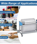 Hella Sturdy Wrap Dispenser With Cutter Rolling Wrapping Paper Holder For Bubble Wrap And Tape Fits 39 51 63 Inch Rolls in use for logistics.