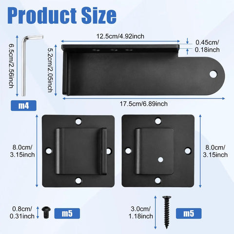 INJOYTEC Gate Latch Lock Heavy Duty Aluminum Alloy Adjustable Door Latch size diagram showing dimensions of components and tools.