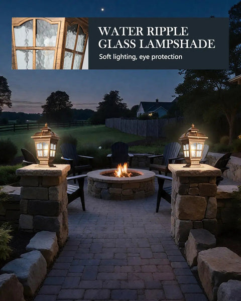 Antique Bronze Outdoor Post Light 2 Pack IP54 Weatherproof Post Lamps For Patio with water ripple glass lampshade.