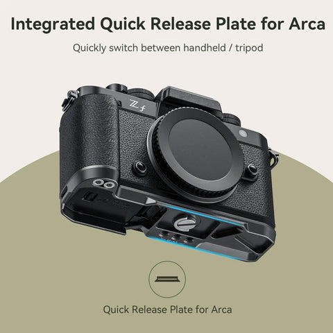 Zf Handgrip L Shape Grip for Nikon Zf with ergonomic silicone grip and built-in Arca quick release plate for tripod use.