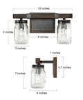 Dimensions of Two Light Mason Jar Vanity Light With Faux Wood Finish In Rustic Farmhouse Cozy Vibe Style Moisture Proof Metal Bath Vanity Lighting For Bathroom Or Bedroom Brown