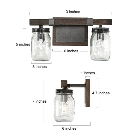 Dimensions of Two Light Mason Jar Vanity Light With Faux Wood Finish In Rustic Farmhouse Cozy Vibe Style Moisture Proof Metal Bath Vanity Lighting For Bathroom Or Bedroom Brown