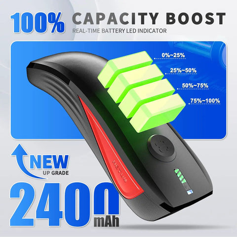 Bluetooth 2D QR Code Scanner With Zebra Scan Engine showing battery capacity and LED indicator, black and red design.