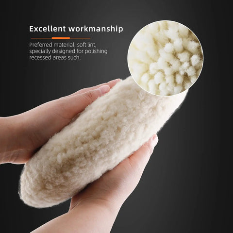 Hands holding 8 Inch Dual-Sided Wool Buffing Pad 100 Percent Natural Wool With 5/8-11 Thread for polishing detail