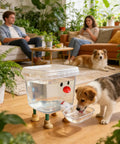 Smile Face Cat Water Dispenser With Cartoon Pet Fountain, dog drinking in a living room setting, raised water reservoir