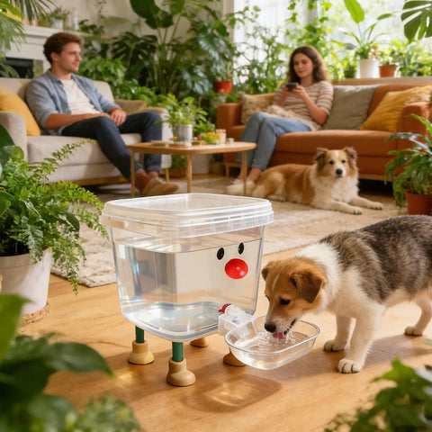 Smile Face Cat Water Dispenser With Cartoon Pet Fountain, dog drinking in a living room setting, raised water reservoir