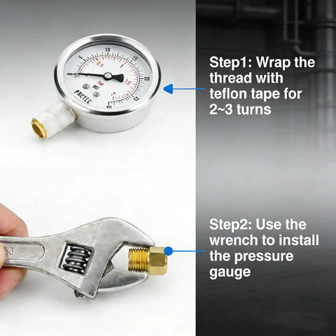 Glycerin Liquid Filled Two Point Five Inch Air Pressure Gauge With Stainless Steel Case, Rugged Vacuum And Water Pressure Gauge, 0 To 5000 Psi For Compressor Boiler And Water Pump, IP67 Waterproof, Two Point Five Percent Accuracy; installation steps with wrench