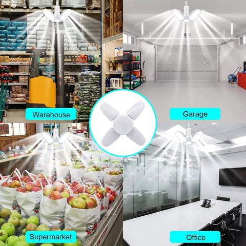 Four-Panel Deformable 40W Mini LED Garage Light installed in various spaces like garage, warehouse, supermarket, and office, 6500K daylight.