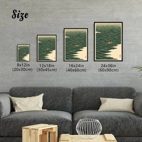 Black Framed Japanese Style Rowing Boat Ocean Waves Poster Canvas Print Art set in living room wall decor, various sizes shown