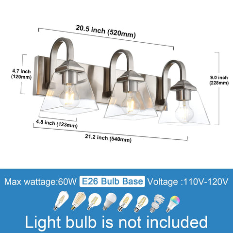 3 Light Modern Brushed Nickel Vanity Light Over Mirror Industrial Wall Sconce With Clear Glass Shades dimensions and design