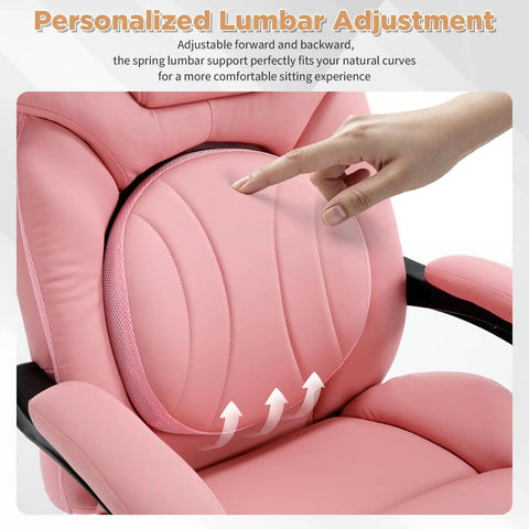 Comfy Reclining Office Chair With Footrest For Women, lumbar support adjustment, pink ergonomic chair detail