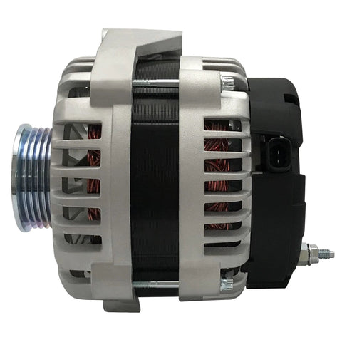 Side view of 160 Amp Plug And Play Beefed Up Alternator Replacement For 2007 To 2014 Chevy Tahoe Silverado Suburban Avalanche GMC Yukon XL