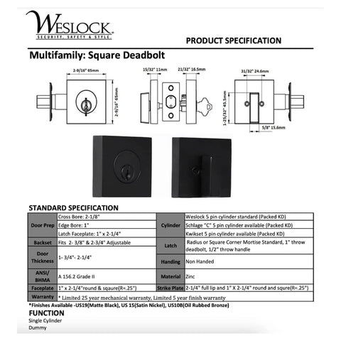 Diagram and specifications of Square Deadbolt Matte Black Single Cylinder Lock For Front Door Keyed On One Side With Inside Turn Lock Easy Screwdriver Install Modern Sleek Exterior Security Upgrade For Home Front Entry