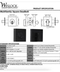 Square Deadbolt Matte Black Single Cylinder Lock for Front Door with product specifications and illustrations.