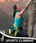 Person climbing rock using heavy duty D shape snap hooks with alloy steel build pro grade quick locking mechanism, climbing harness visible.