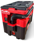 Heavy Duty 2.5 Gallon Cordless Wet And Dry Shop Vacuum Delivering 87 DB Whisper Quiet Runtime And Badass Suction For Fast Debris Clearing On Any Job Site showing side view, hose attached.