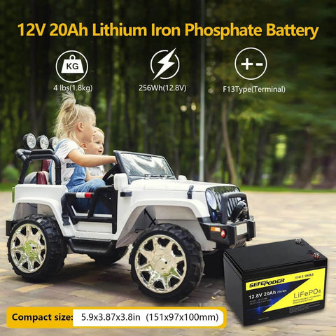 Children driving toy car outdoors with 12V 20Ah LiFePO4 Deep Cycle Battery With 4000 Cycles Built In 40A BMS Screw Terminals