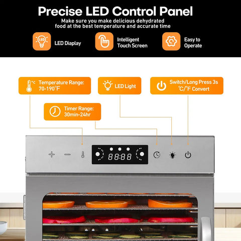 Close-up of No Fuss Stainless Steel Food Dehydrator's sleek LED control panel with digital timer and temperature settings.