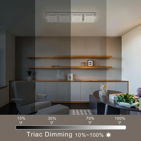 Rectangular Flush Mount LED Ceiling Light Fixture 24 Inch Long Crystal Dimmable in modern living room showing dimming levels