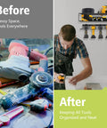 Before and after of garage with Three Piece Heavy Duty Steel Wire Drill Holder Wall Mount Set Black 100lb Load organizing tools neatly.