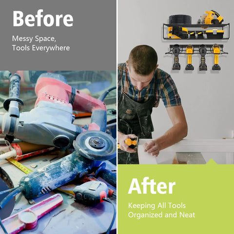 Before and after of garage with Three Piece Heavy Duty Steel Wire Drill Holder Wall Mount Set Black 100lb Load organizing tools neatly.