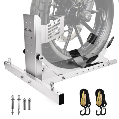 Heavy Duty Aluminum Motorcycle Front Wheel Chock Stand For 15 To 25 Inch Tires, Supports Up To 3000 Lbs, Adjustable Hole Design