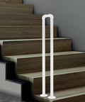 Heavy Duty U Shape Stair Handrail With Steel Wall Mount Brackets For Indoor Steps Featuring Light Baked Enamel Finish and sturdy tube grip on wooden stairs.