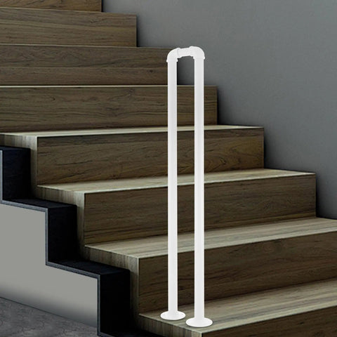 Heavy Duty U Shape Stair Handrail With Steel Wall Mount Brackets For Indoor Steps Featuring Light Baked Enamel Finish and sturdy tube grip on wooden stairs.