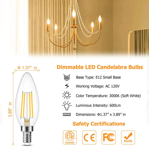 Dimmable E12 Candelabra LED Bulb 60W Equivalent B11 Candle Shape Clear Glass 3000K Soft White Chandelier Use Infographic