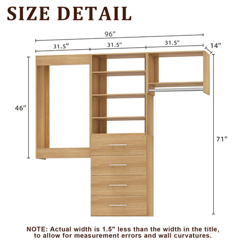 Size detail of The Real Deal Modular Closet System 96 Inch Wall Mounted Organizer with wood shelves and drawers.