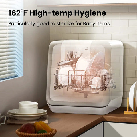 Slick Countertop Dishwasher With Built In Six Liter Water Tank, Portable Mini Cleaning Station Featuring Seven Custom Wash Cycles Uv Sanitization, Auto Open Dry Door And No Sweat Setup For Dorms, Rvs Or Tiny Kitchens, White showing high-temp hygiene and sterilizing capability for baby items.