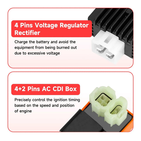 4 pins voltage regulator rectifier and 4+2 pins AC CDI box for GY6 Ignition Coil CDI Box Starter Solenoid Relay Kit For 150cc 50cc 125cc Tao Tao Roketa Go Kart ATV Scooters With Voltage Regulator Rectifier Orange.
