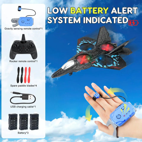 Dual Mode RC Airplane Toy With Watch Remote 2025 Fighter Jet shown with control elements and battery accessories