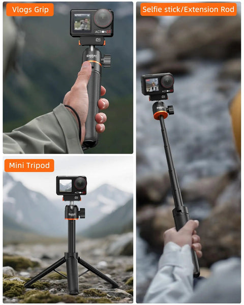 Magnetic Travel Selfie Stick Tripod For DJI Action Cameras Go To Gear shown in vlog grip, extension rod, and tripod modes.