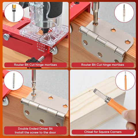 Close-up of Heavy Duty Aluminum Door Hinge Jig With Adjustable Router Template for Two Point Five to Five Inch Hinges in use.