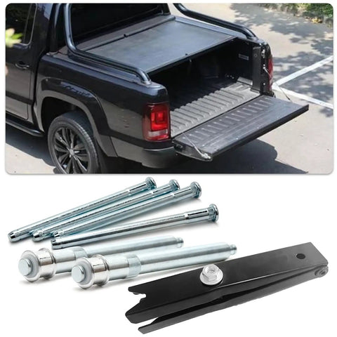 Door Hinge Pin And Bushing Repair Kit With Roller Pins For Chevy GMC Trucks Suburban Tahoe Compatible Hinges Durable Zinc Plated Steel Includes 4 Hinge Pins And 2 Roller Pins displayed with an open truck bed