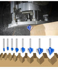 Eight-Piece 90 Degree V-Groove Router Bit Set With 1/4 Inch Shank, Carbide-Tipped 2-Flute Engraving Bits for woodworking cuts