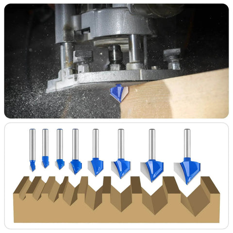 Eight-Piece 90 Degree V-Groove Router Bit Set With 1/4 Inch Shank, Carbide-Tipped 2-Flute Engraving Bits for woodworking cuts