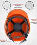 Inside view of orange ABS hard hat showing ratchet cap style and self-adjusting crown straps for 10 Pack Suspension Hard Hats For Worksite Safety With Ratchet Cap Style And Self Adjusting Crown Straps In Orange Durable ABS Helmet For Men And Women.