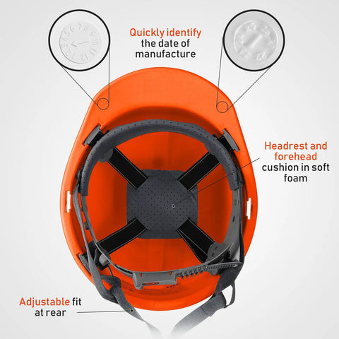 Inside view of orange ABS hard hat showing ratchet cap style and self-adjusting crown straps for 10 Pack Suspension Hard Hats For Worksite Safety With Ratchet Cap Style And Self Adjusting Crown Straps In Orange Durable ABS Helmet For Men And Women.