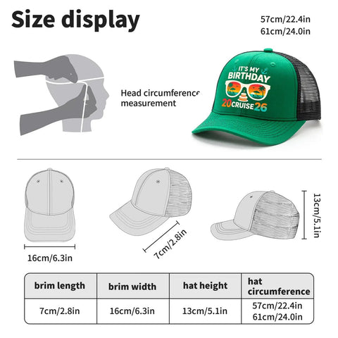 Birthday Cruise 2026 Mens Humor Trucker Hat Green For Running And Golf With Anti Sweat Band size and fit guide