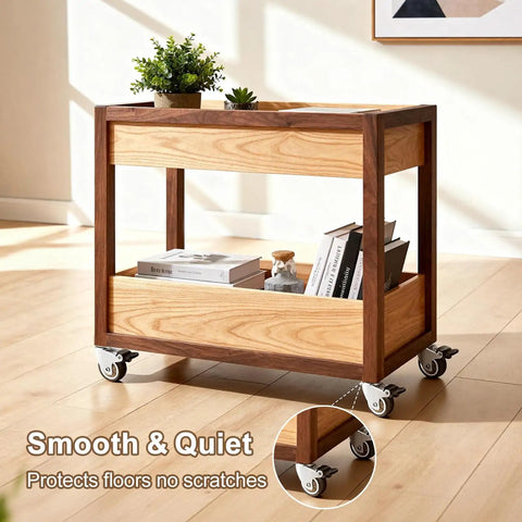 Wooden cart with 2 inch swivel caster wheels for furniture set of 4, heavy duty rubber casters with locking plate, two with brakes.