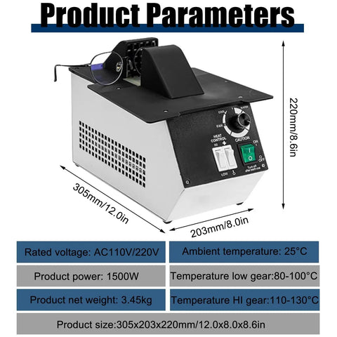 Premium Optical Glasses Frame Heater Featuring A Heavy Hitter 1500W Heating Element And Quick Fan Cooling for no sweat lens removal.