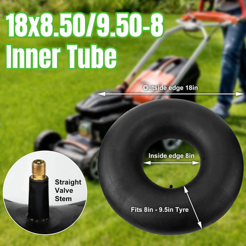 Heavy Duty 2 Pack Inner Tubes For 18x8.50-8 And 18x9.50-8 Tires With TR-13 Straight Valve Stem next to lawn mower on grass